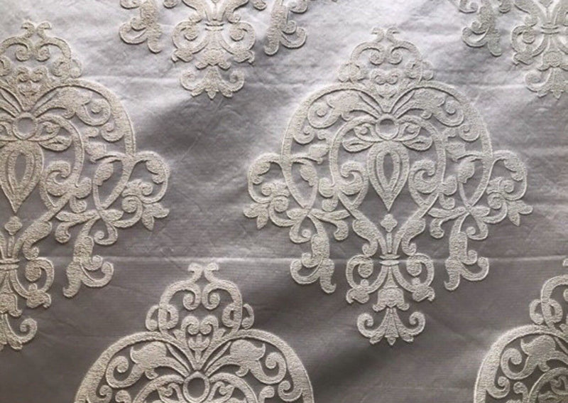 1 Yard Remnant- Designer Brocade Satin Damask Upholstery Fabric - Ivory Grey - Fancy Styles Fabric Pierre Frey Lee Jofa