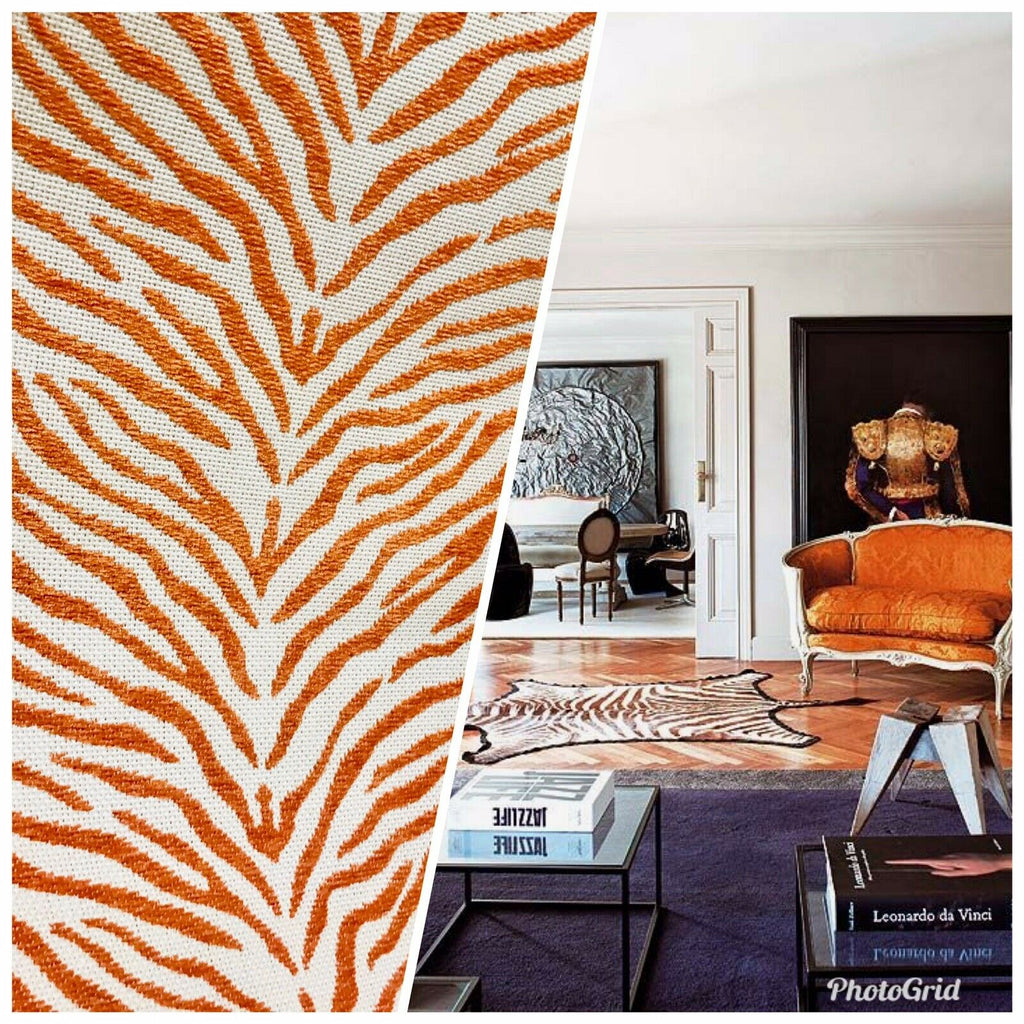 NEW Queen Claudia Designer Upholstery Heavyweight Burnout Zebra Chenille Fabric- Orange White BTY - Fancy Styles Fabric Pierre Frey Lee Jofa Brunschwig & Fils