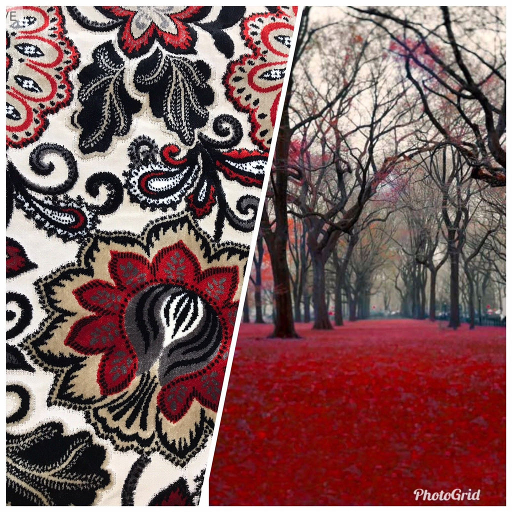 NEW Novelty Belgium Burnout Chenille Velvet Fabric Upholstery- Red Floral - Fancy Styles Fabric Boutique