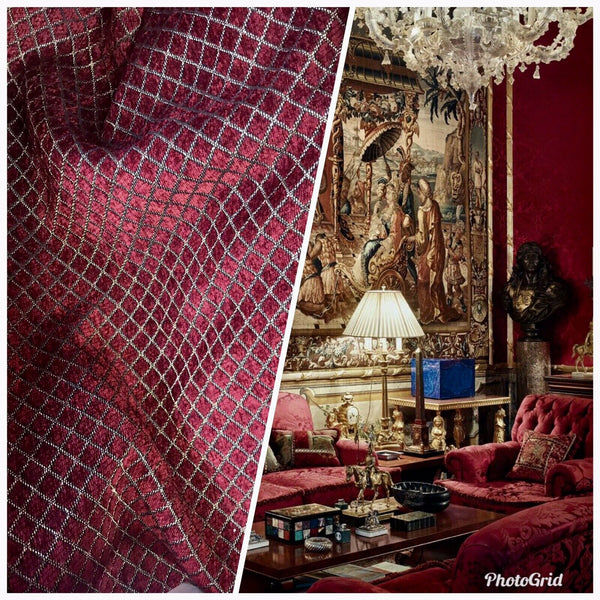 SALE! Lord Owen Burnout Velvet Chenille Fabric -Burgundy Red Diamond Motif -Upholstery - Fancy Styles Fabric Pierre Frey Lee Jofa Brunschwig & Fils