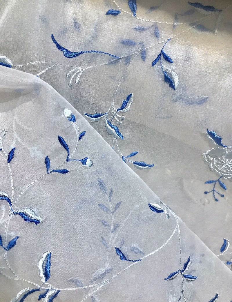 Princess Delphine 100% Silk Voile Organza Sheer Embroidery Drapery Fabric- Floral White & Blue - Fancy Styles Fabric Pierre Frey Lee Jofa Brunschwig & Fils