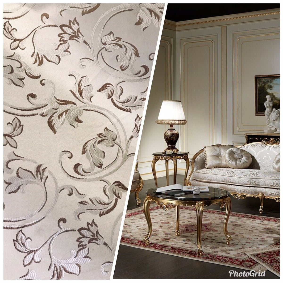 NEW Brocade Satin Fabric- Cream & Taupe- Floral Leaves Upholstery Neoclassical - Fancy Styles Fabric Pierre Frey Lee Jofa Brunschwig & Fils