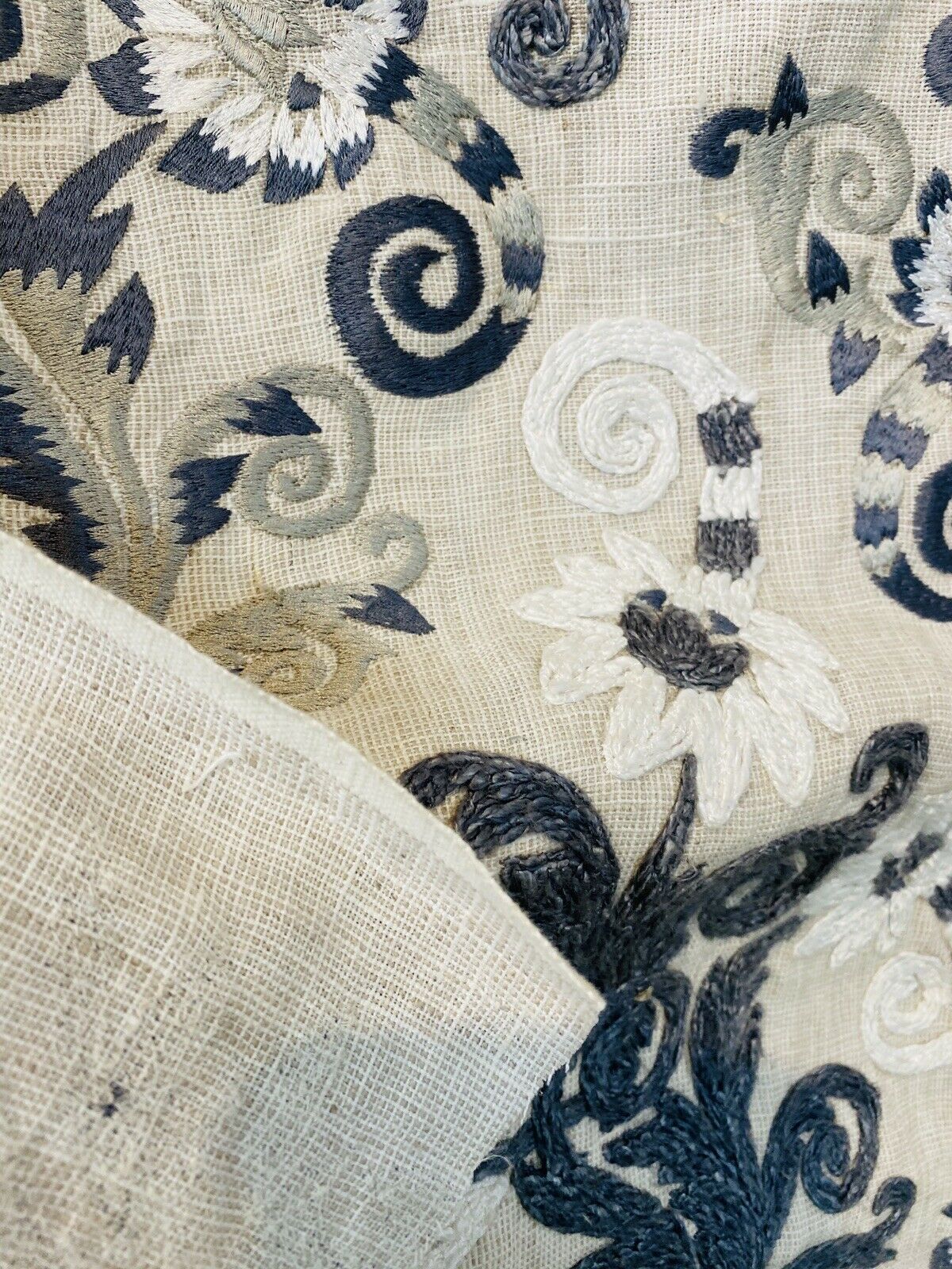 NEW! Novelty 100% Linen Fabric Floral Crewel Embroidery- Blue, White, Ecru - Fancy Styles Fabric Pierre Frey Lee Jofa Brunschwig & Fils
