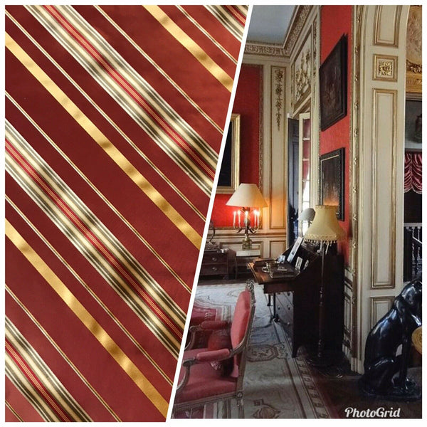 NEW! Lady Grace 100% Silk Taffeta Dupioni Fabric -Red & Gold Stripes - Fancy Styles Fabric Pierre Frey Lee Jofa Brunschwig & Fils