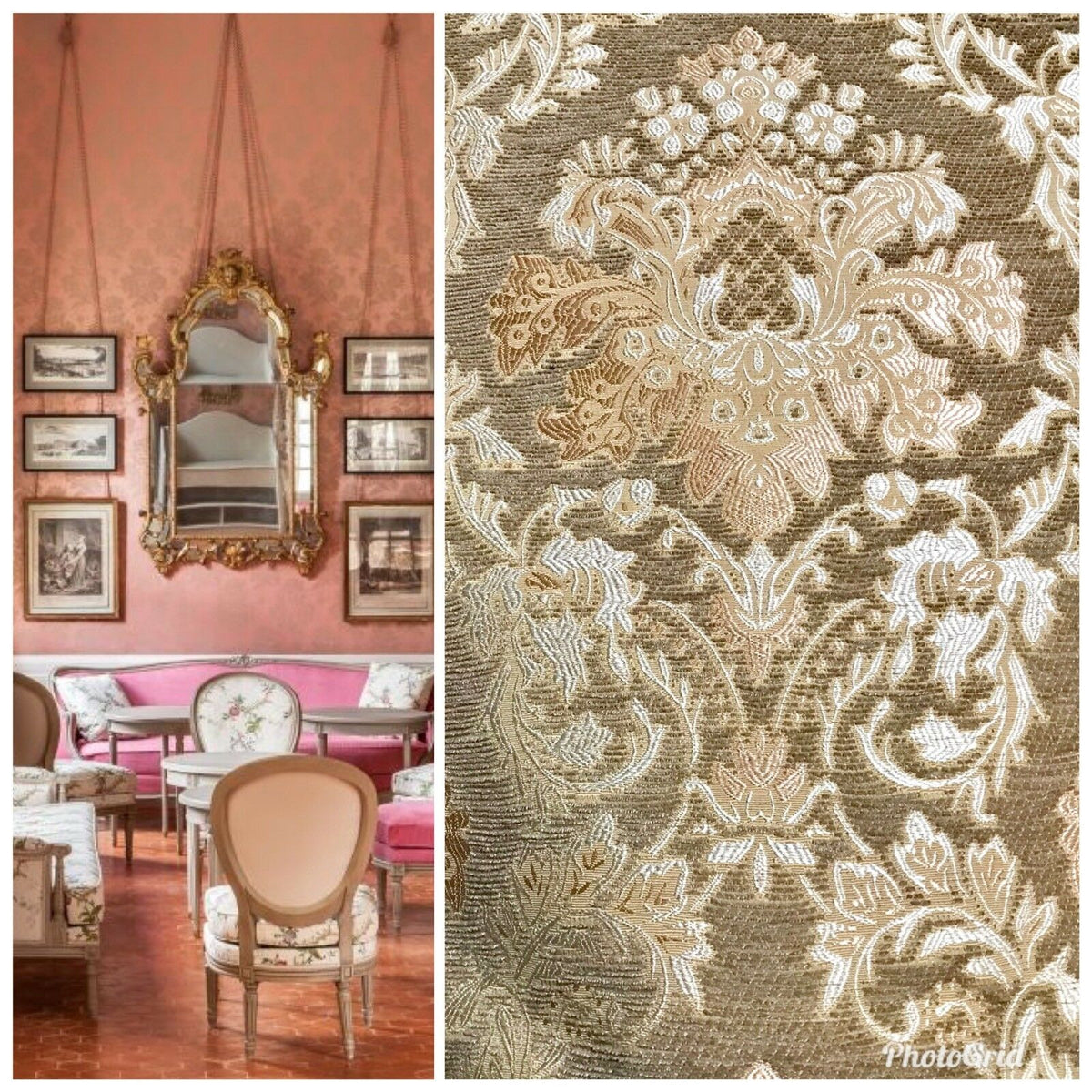 Lady Lauren Damask Burnout Chenille Velvet Fabric - Upholstery Taupe & Peach - Fancy Styles Fabric Pierre Frey Lee Jofa Brunschwig & Fils