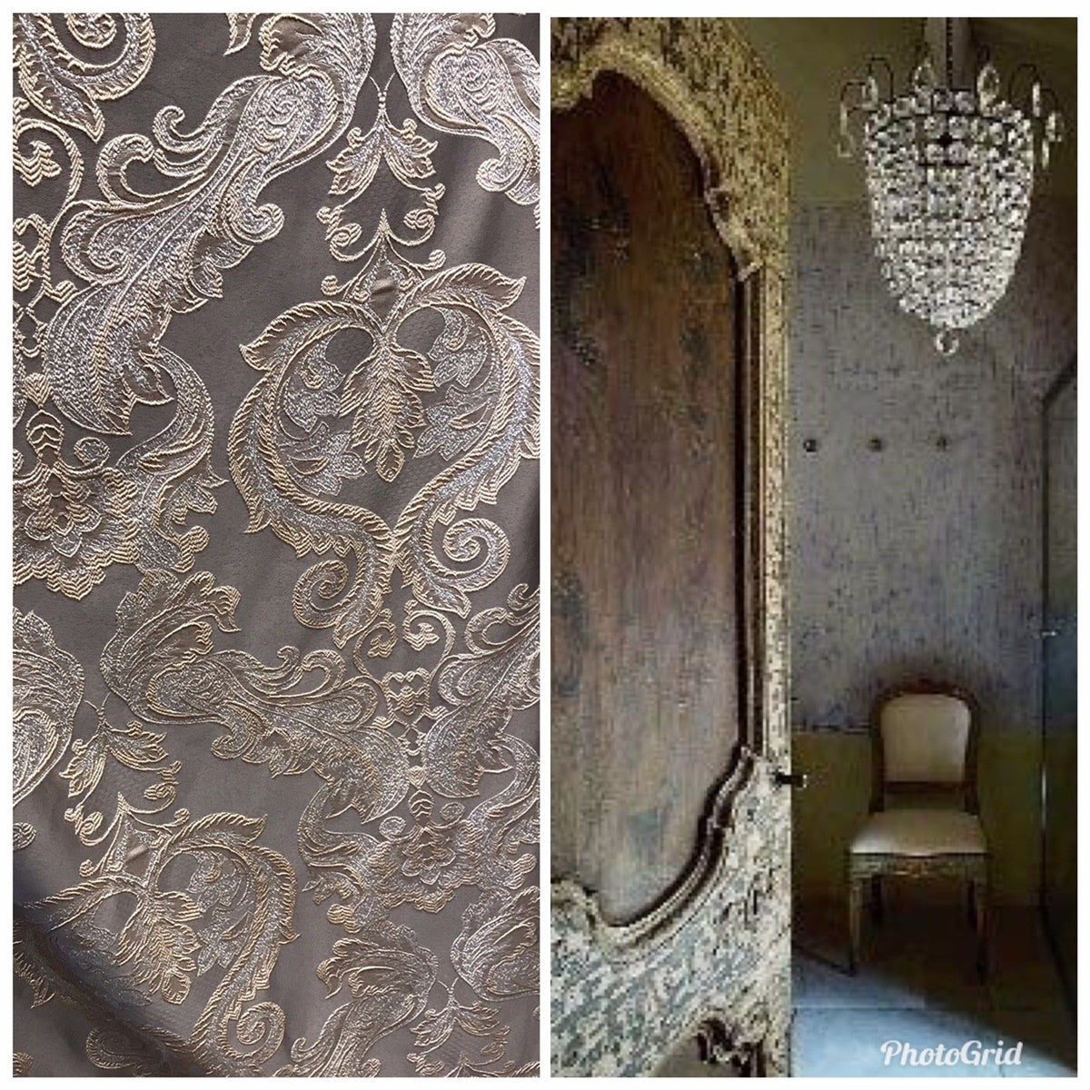 SWATCH 8” x 8” Sample- Designer Brocade Satin Fabric- Gray Silver Gold - Damask - Fancy Styles Fabric Pierre Frey Lee Jofa Brunschwig & Fils