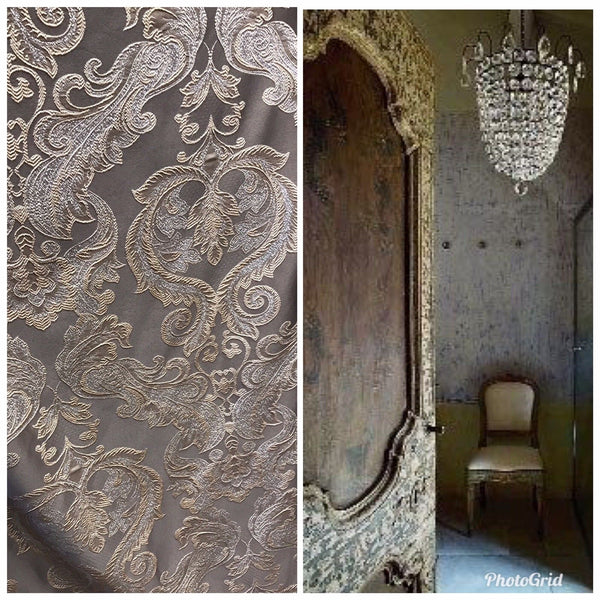SWATCH 8” x 8” Sample- Designer Brocade Satin Fabric- Gray Silver Gold - Damask - Fancy Styles Fabric Pierre Frey Lee Jofa Brunschwig & Fils