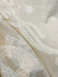 NEW! Lady Nora Novelty 100% Silk Fabric With Crewel Floral Embroidery- Ecru & White - Fancy Styles Fabric Pierre Frey Lee Jofa Brunschwig & Fils