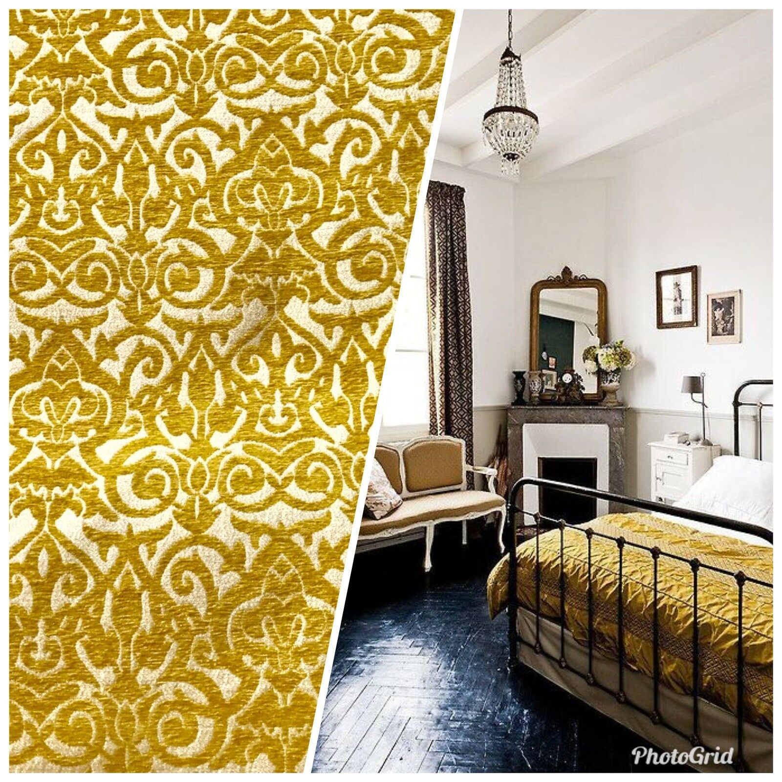 NEW! King Retro Swirl Pattern Chenille Fabric Upholstery Mustard Yellow