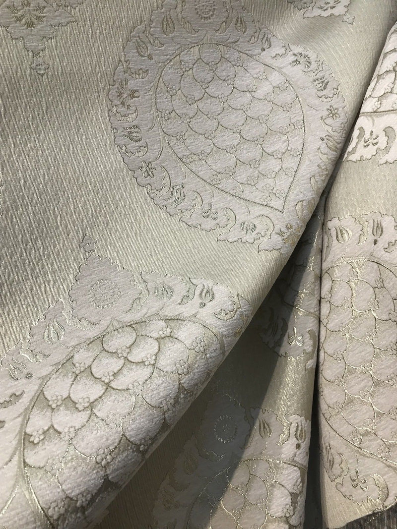 Designer Brocade Satin Fabric- Antique Cream And Gold Damask Decorating - Fancy Styles Fabric Pierre Frey Lee Jofa