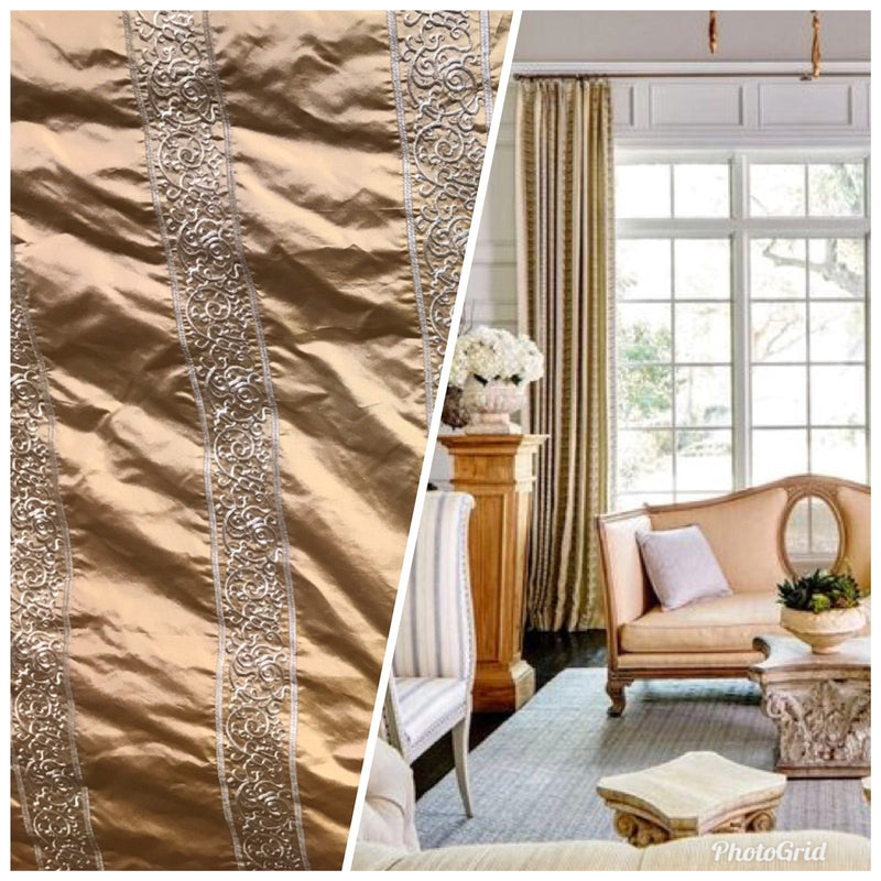 NEW SALE! Designer 100% Silk Taffeta Embroidery Stripe Fabric - Antique Peach - Fancy Styles Fabric Boutique