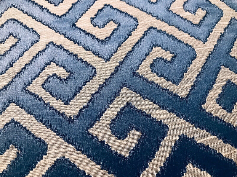 Sir Ryan Designer Burnout Geometric Satin Upholstery Fabric- Blue & Natural BTY - Fancy Styles Fabric Pierre Frey Lee Jofa Brunschwig & Fils