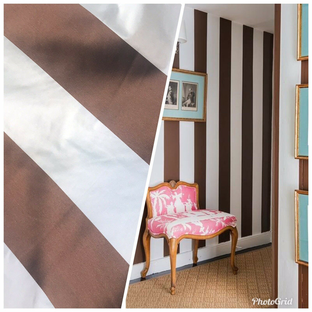 NEW Designer 100% Silk Taffeta Dupioni Stripes Fabric - Brown Light Blue BTY - Fancy Styles Fabric Pierre Frey Lee Jofa Brunschwig & Fils
