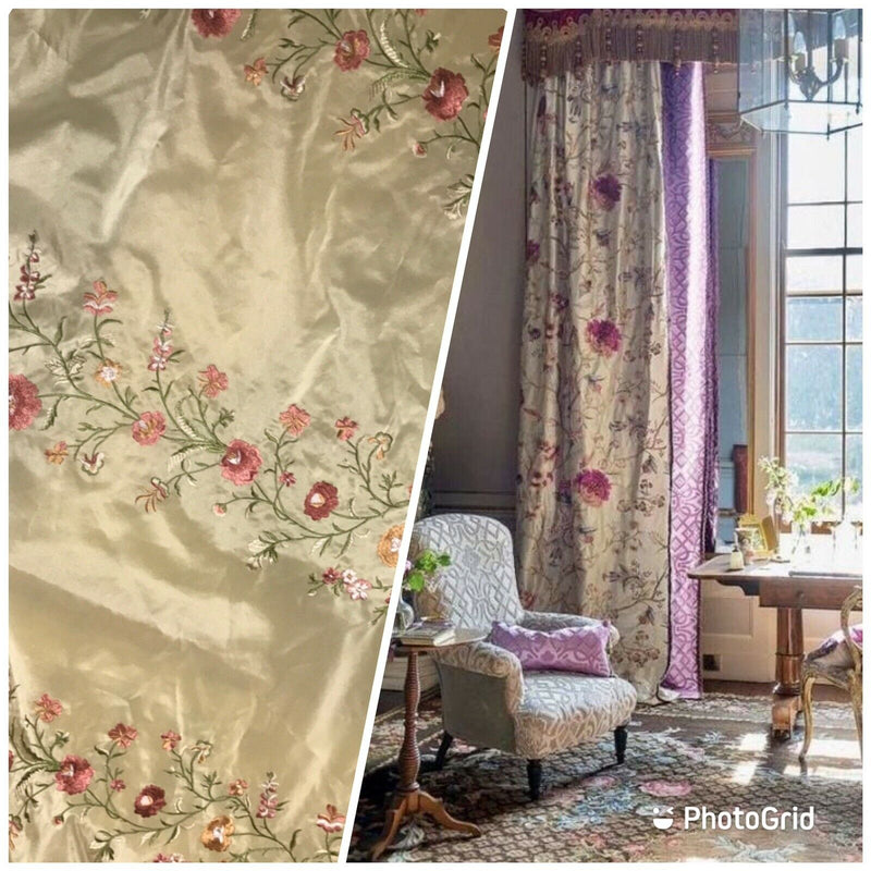1 Yard Remnant- Designer 100% Silk Dupioni Embroidery Floral Fabric- Beige - Fancy Styles Fabric Pierre Frey Lee Jofa Brunschwig & Fils