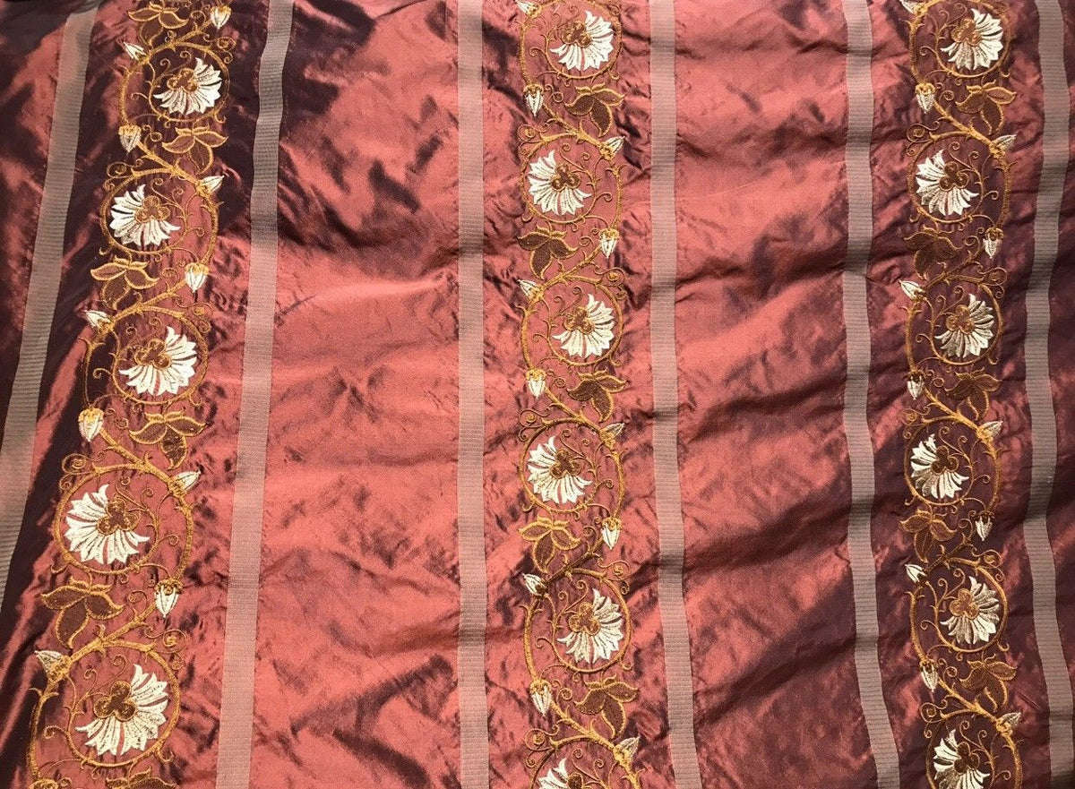 SALE! Designer 100% Silk Taffeta Embroidered Drapery Fabric - Rust Red Floral - Fancy Styles Fabric Boutique