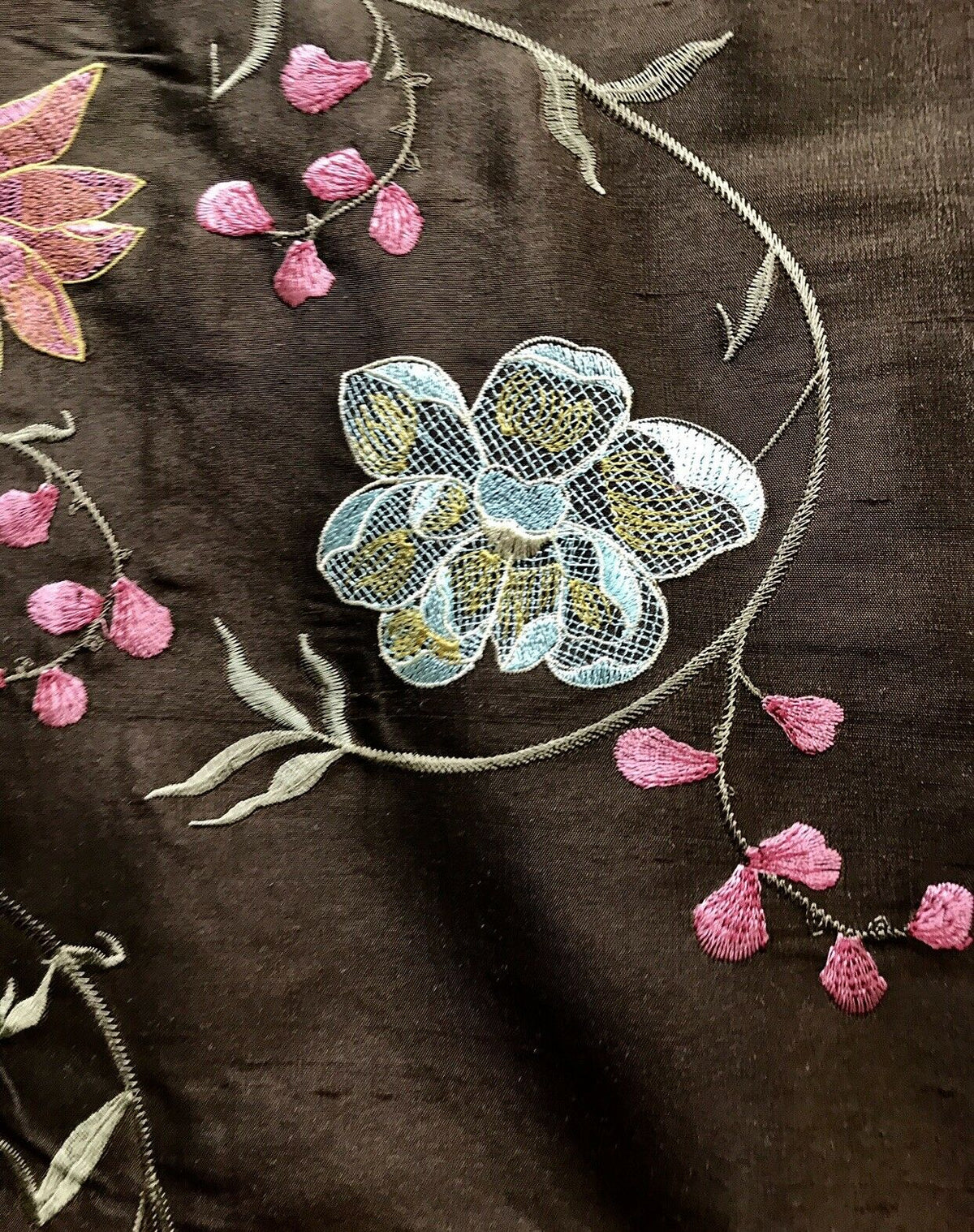 NEW! Queen Theodora 100% Silk Taffeta Embroidered Floral Motif Fabric Brown Pink Blue 55” wide - Fancy Styles Fabric Pierre Frey Lee Jofa Brunschwig & Fils