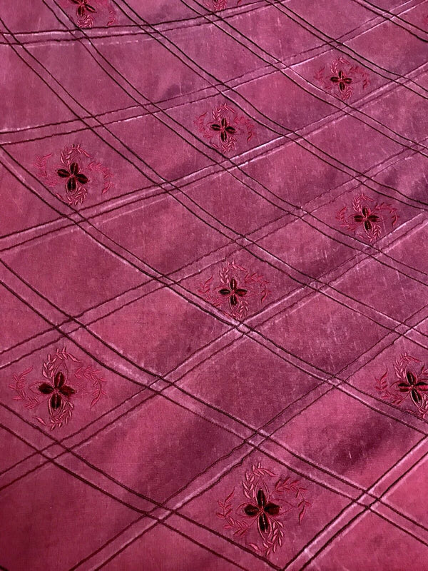 SWATCH 100% Silk Washed Dupioni Embroidered Floral Quilted Motif Fabric - Red - Fancy Styles Fabric Pierre Frey Lee Jofa Brunschwig & Fils