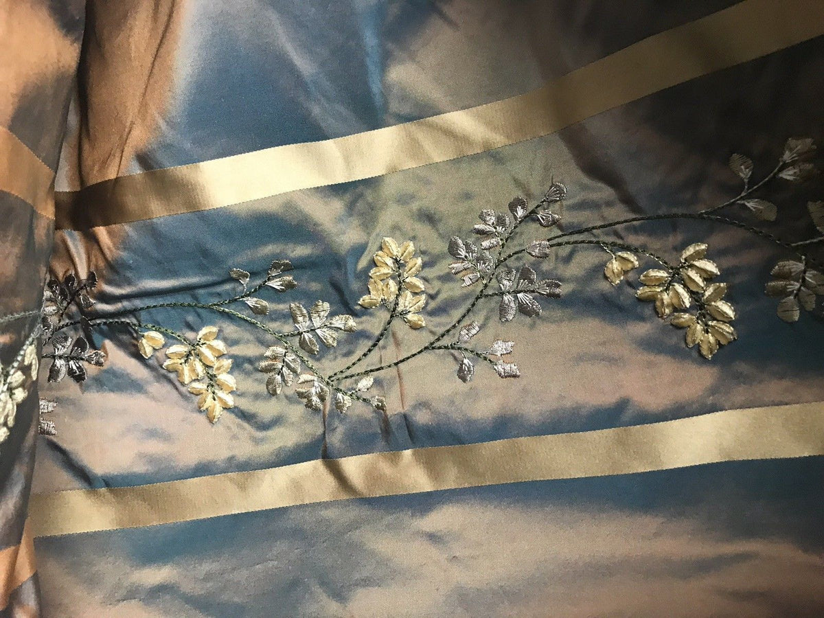 SALE! Designer 100% Silk Taffeta Embroidery Fabric Teal & Peach Iridescent - Fancy Styles Fabric Boutique