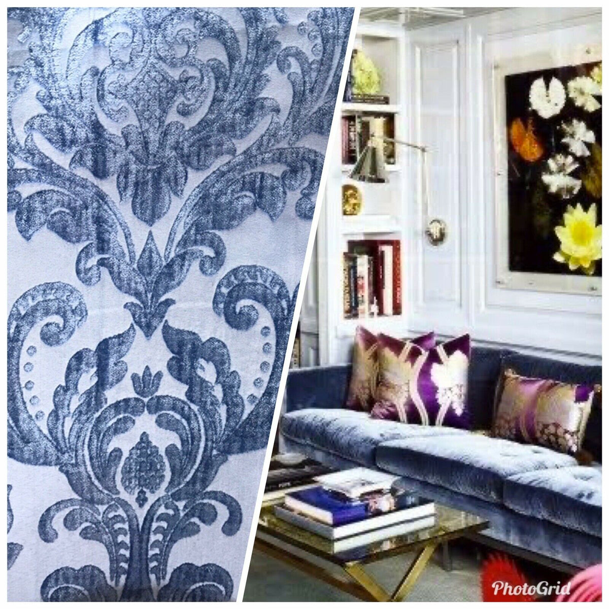 Queen Isabella Designer Damask Burnout Chenille Velvet Fabric - Jewel Blue BTY - Fancy Styles Fabric Pierre Frey Lee Jofa Brunschwig & Fils
