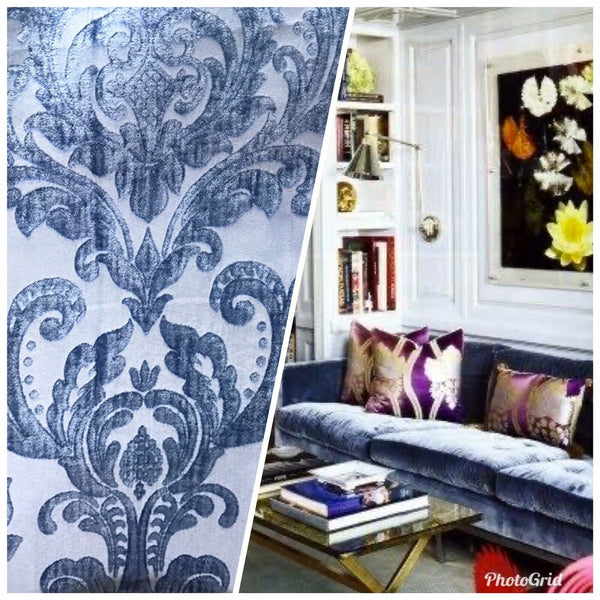 Queen Isabella Designer Damask Burnout Chenille Velvet Fabric - Jewel Blue BTY - Fancy Styles Fabric Pierre Frey Lee Jofa Brunschwig & Fils