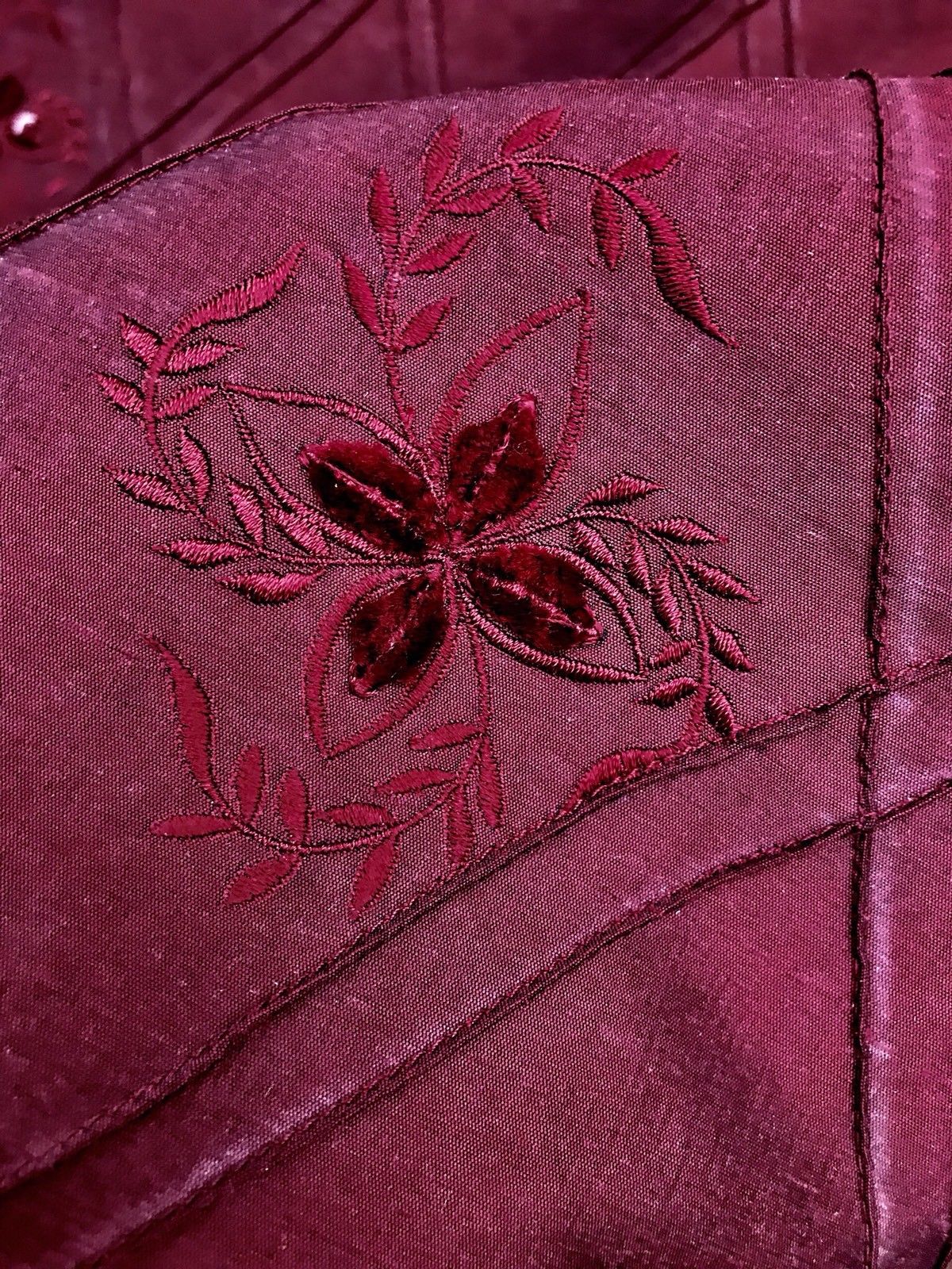 NEW! 100% Silk Washed Taffeta Embroidered Floral Quilted Motif Fabric - Red - Fancy Styles Fabric Boutique