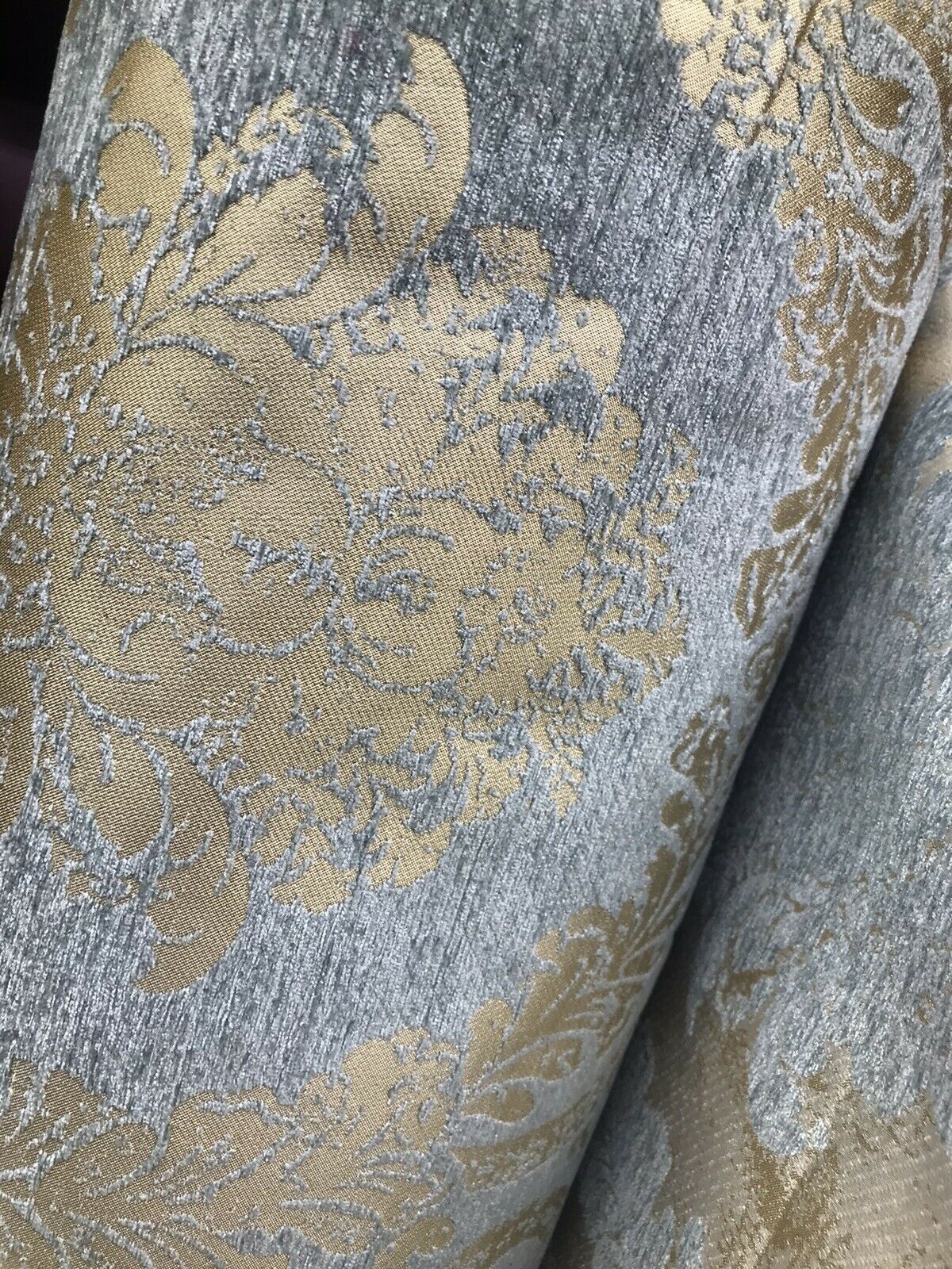 Lord Augustin Designer Velvet Chenille Burnout Damask Upholstery Fabric - Blue & Gold - Fancy Styles Fabric Pierre Frey Lee Jofa Brunschwig & Fils