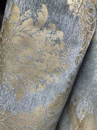 Lord Augustin Designer Velvet Chenille Burnout Damask Upholstery Fabric - Blue & Gold - Fancy Styles Fabric Pierre Frey Lee Jofa Brunschwig & Fils