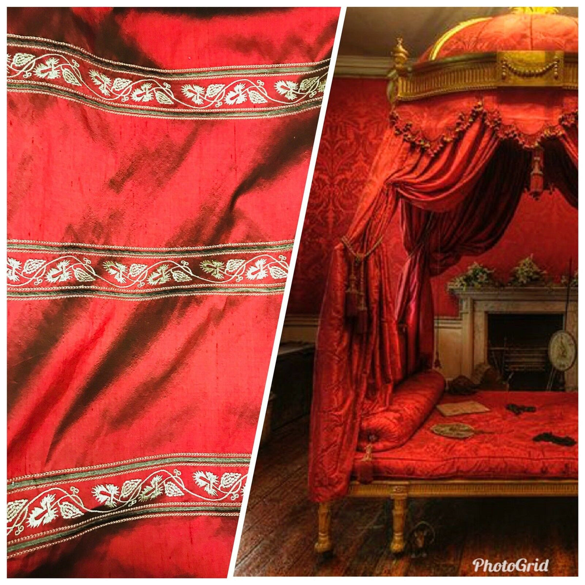 SWATCH Lady Paulette 100% Silk Taffeta Fabric Embroidery Crimson Red & Iridescent Black Tones - Fancy Styles Fabric Pierre Frey Lee Jofa Brunschwig & Fils