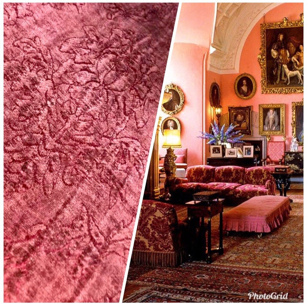 SALE! Designer Velvet Chenille Burnout Fabric - Antique Raspberry Red - Fancy Styles Fabric Boutique