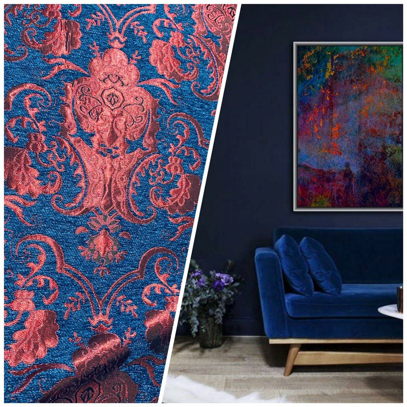 NEW Lady Emile Designer Damask Burnout Chenille Velvet Fabric - Blue & Metallic Red BTY - Fancy Styles Fabric Pierre Frey Lee Jofa Brunschwig & Fils