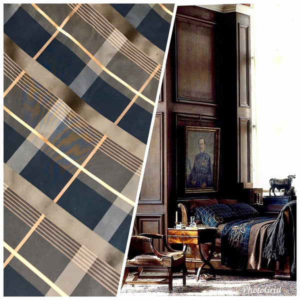 NEW Duchess Marilyn Designer 100% Silk Taffeta Plaid Tartan Fabric- Black Gold Brown BTY - Fancy Styles Fabric Pierre Frey Lee Jofa Brunschwig & Fils