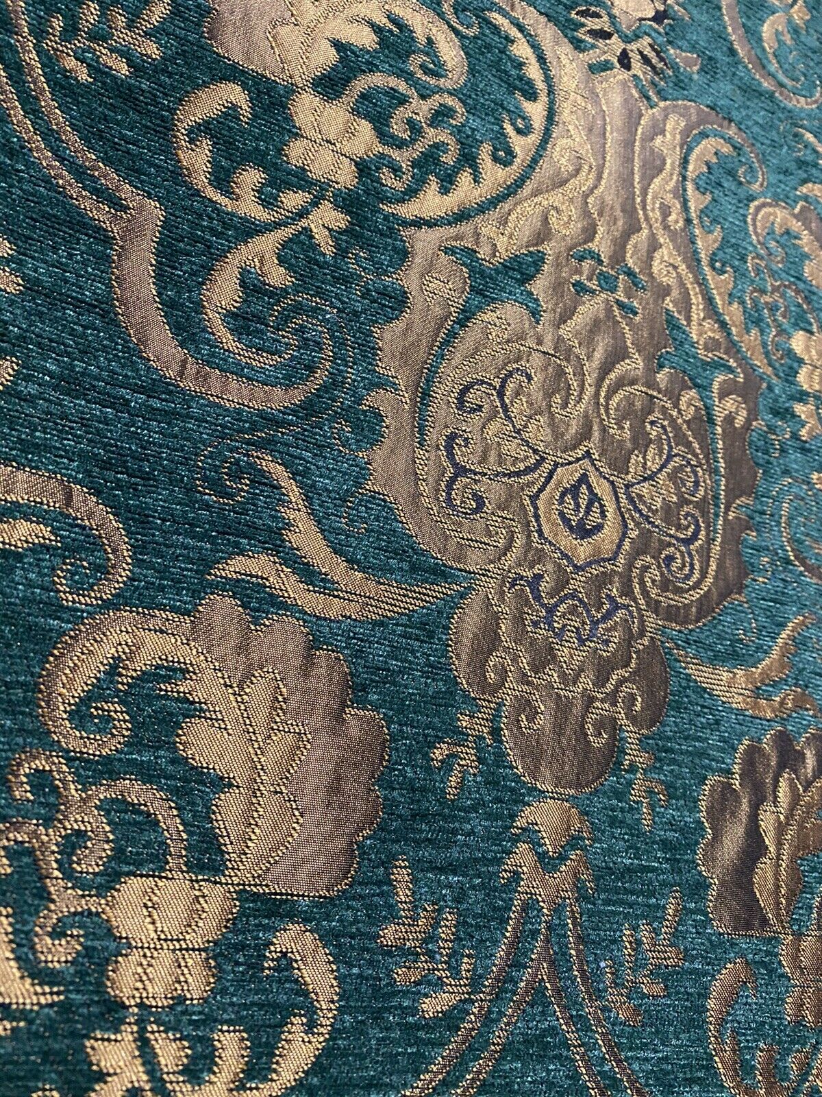 NEW Lady Emile Designer Damask Burnout Chenille Velvet Fabric - Green & Metallic Gold BTY - Fancy Styles Fabric Pierre Frey Lee Jofa Brunschwig & Fils