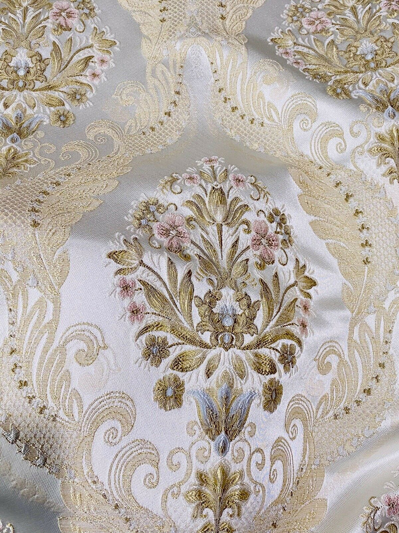 NEW Queen Antionette Novelty Ritz Neoclassical Brocade Damask Floral Satin Fabric - Ivory - Fancy Styles Fabric Pierre Frey Lee Jofa Brunschwig & Fils