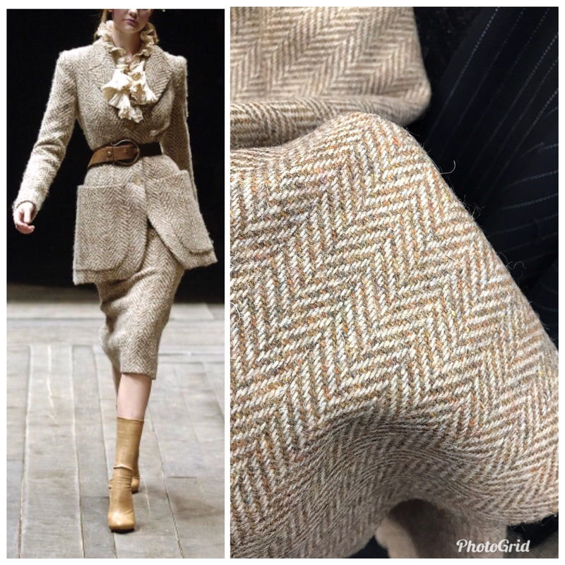 Designer 100% Wool Brown Beige Herringbone Woven Coat Fabric- 58” Wide - Fancy Styles Fabric Pierre Frey Lee Jofa