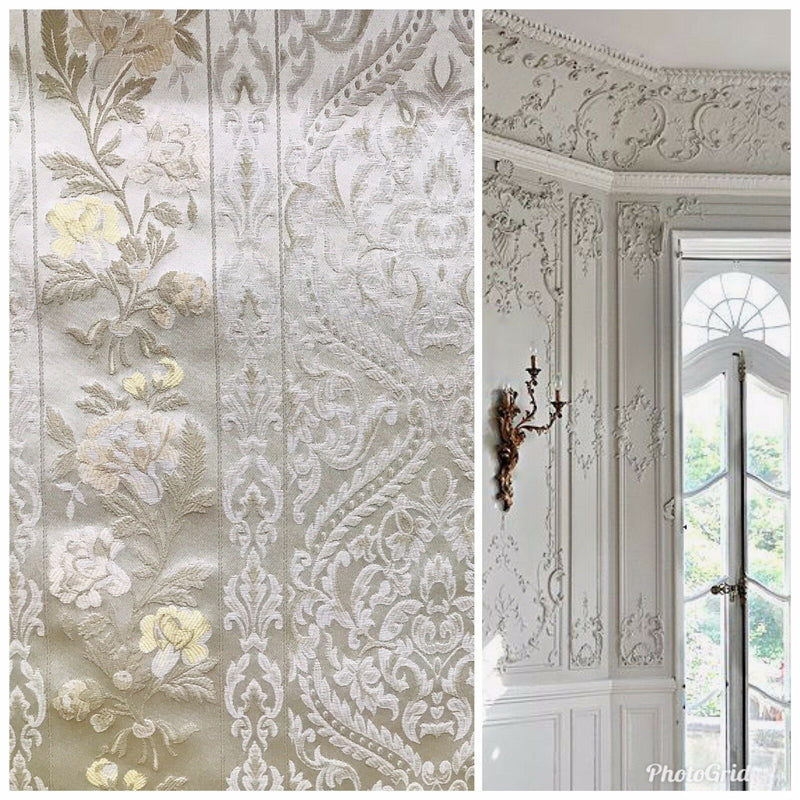 SWATCH Italian Brocade Satin Fabric- Ivory- Floral Upholstery Neoclassical Louis - Fancy Styles Fabric Pierre Frey Lee Jofa Brunschwig & Fils