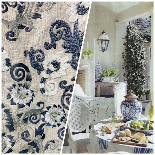 NEW! Novelty 100% Linen Fabric Floral Crewel Embroidery- Blue, White, Ecru - Fancy Styles Fabric Pierre Frey Lee Jofa Brunschwig & Fils