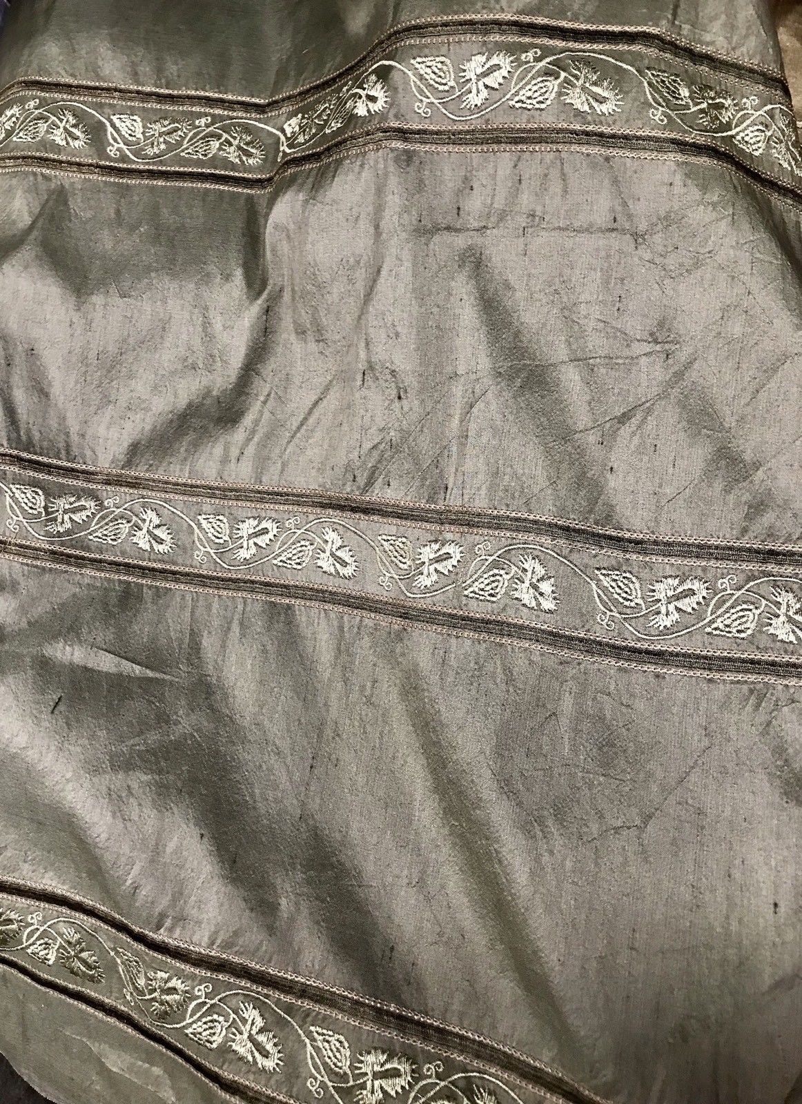 SALE! 100% Silk Taffeta Drapery Embroidery Fabric - Khaki Green Striped - Fancy Styles Fabric Boutique