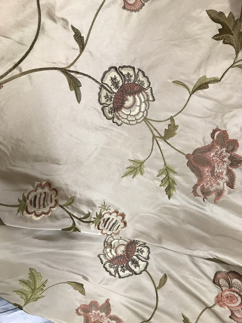 Embroidered, Silk Fabric. Ivory with Pink, Sage, Burgundy & Beige Embroidery