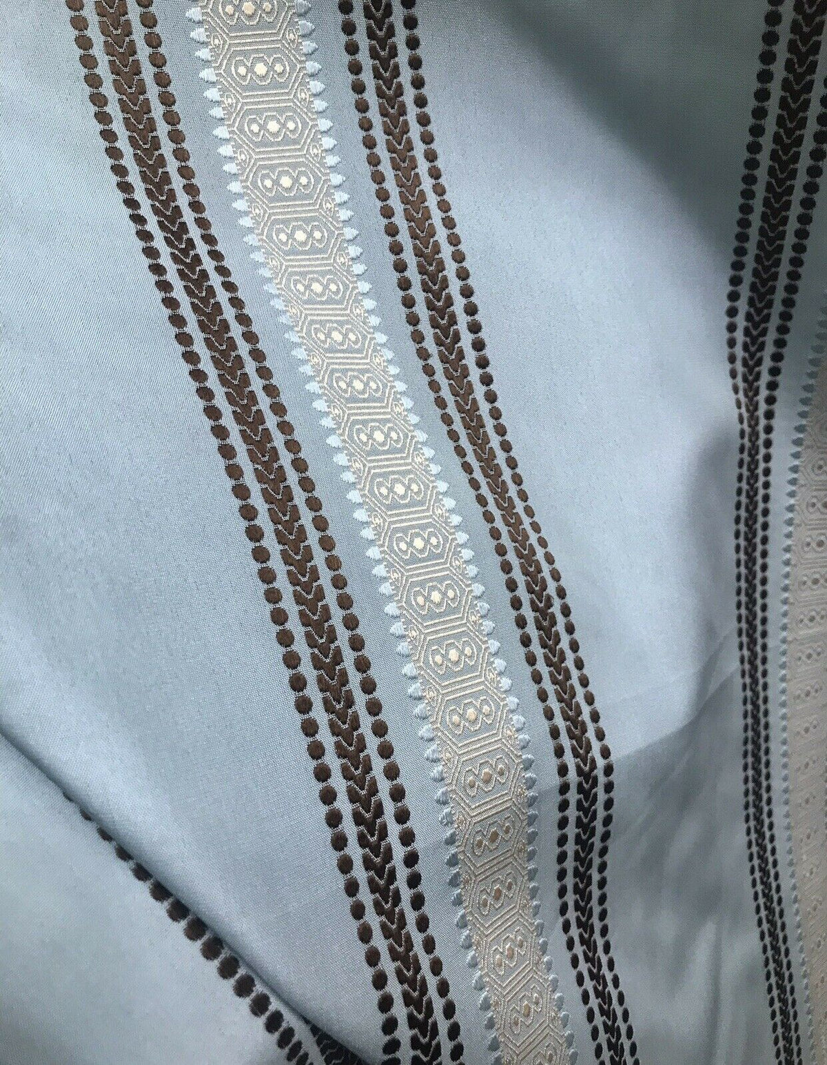 Sir Bradley Designer Brocade Satin Fabric- Pale Blue, Brown, Gold Stripes Neoclassical G1 - Fancy Styles Fabric Pierre Frey Lee Jofa Brunschwig & Fils