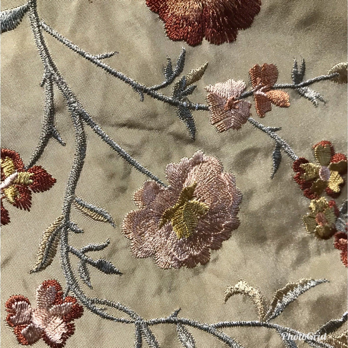 SALE! 100% Silk Taffeta Fabric - Embroidered Floral Taupe Gold - Fancy Styles Fabric Boutique