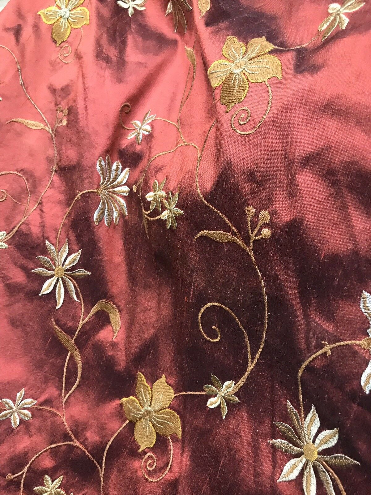 SALE! Designer 100% Silk Taffeta Embroidery Floral Fabric Rust Red- Textured - Fancy Styles Fabric Pierre Frey Lee Jofa Brunschwig & Fils