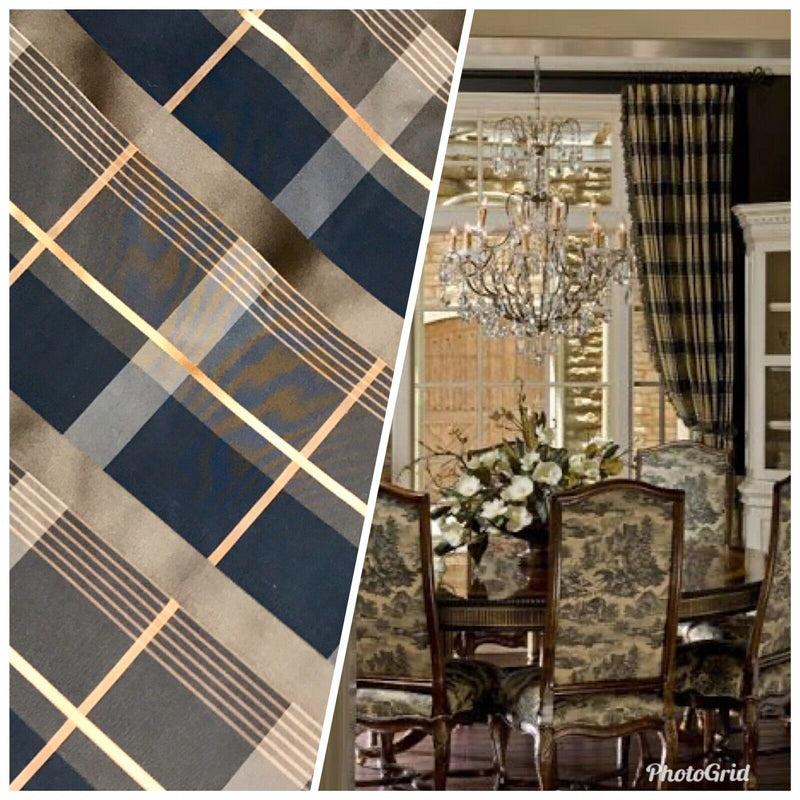 NEW Duchess Marilyn Designer 100% Silk Taffeta Plaid Tartan Fabric- Black Gold Brown BTY - Fancy Styles Fabric Pierre Frey Lee Jofa Brunschwig & Fils