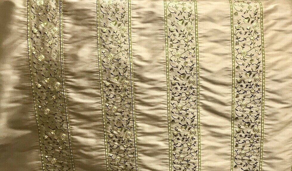 NEW! Lady Margot 100% Silk Dupioni Embroidered Floral Stripes Fabric- Khaki & Green - Fancy Styles Fabric Pierre Frey Lee Jofa Brunschwig & Fils