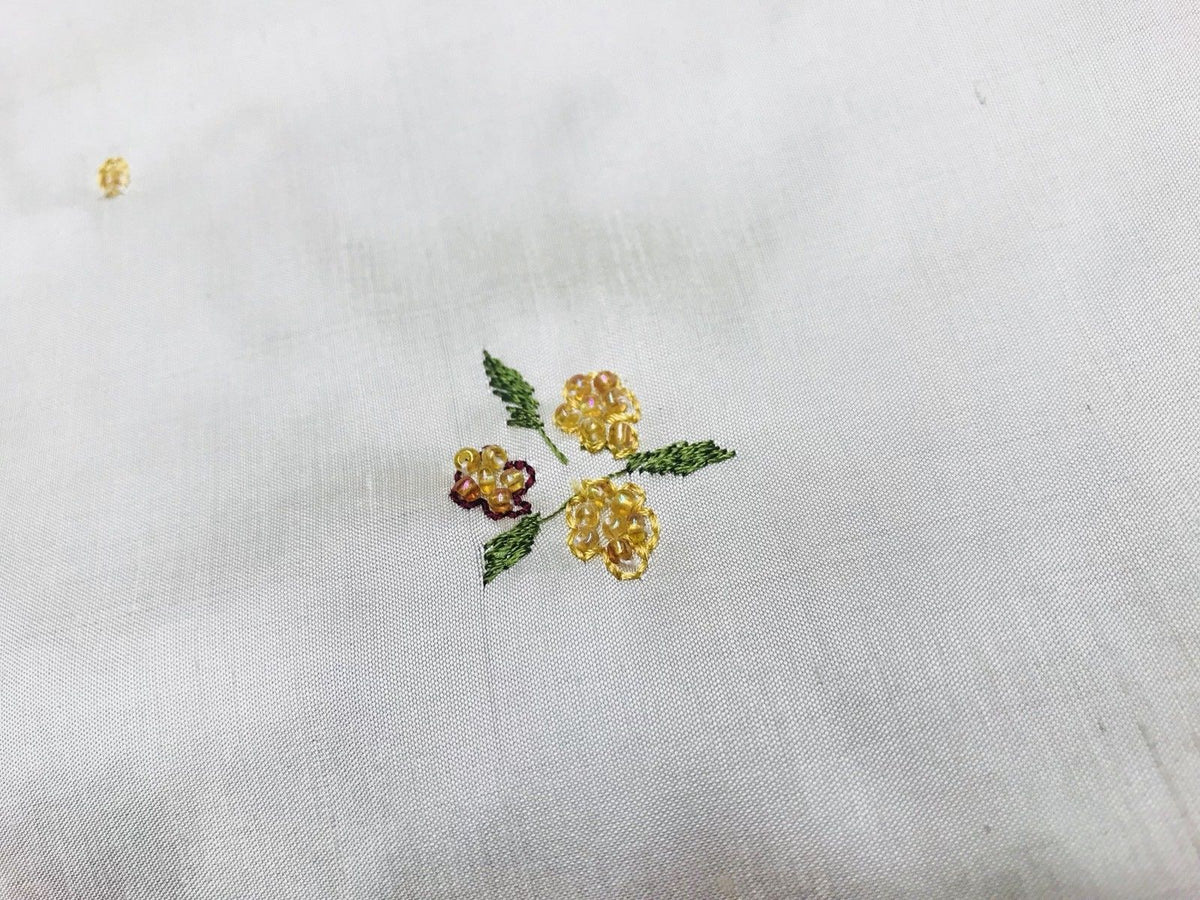 SALE! Beaded Floral 100% Silk Taffeta Fabric - Ivory W/ Yellow Beaded Flowers - Fancy Styles Fabric Boutique