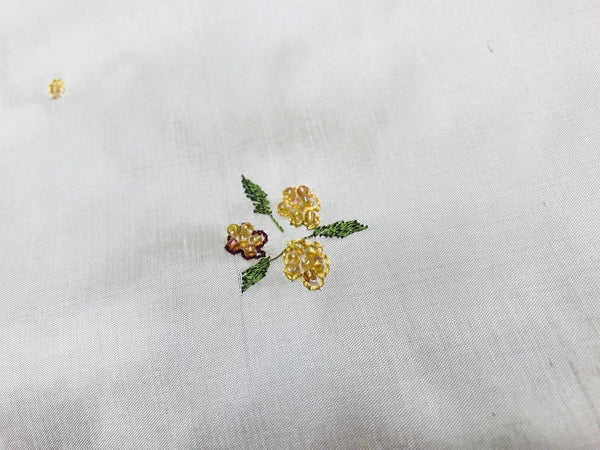 SALE! Beaded Floral 100% Silk Taffeta Fabric - Ivory W/ Yellow Beaded Flowers - Fancy Styles Fabric Boutique