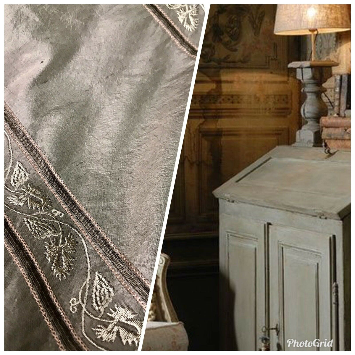 SWATCH Lady Paulette 100% Silk Taffeta Drapery Fabric -Embroidery Khaki Green - Fancy Styles Fabric Pierre Frey Lee Jofa Brunschwig & Fils