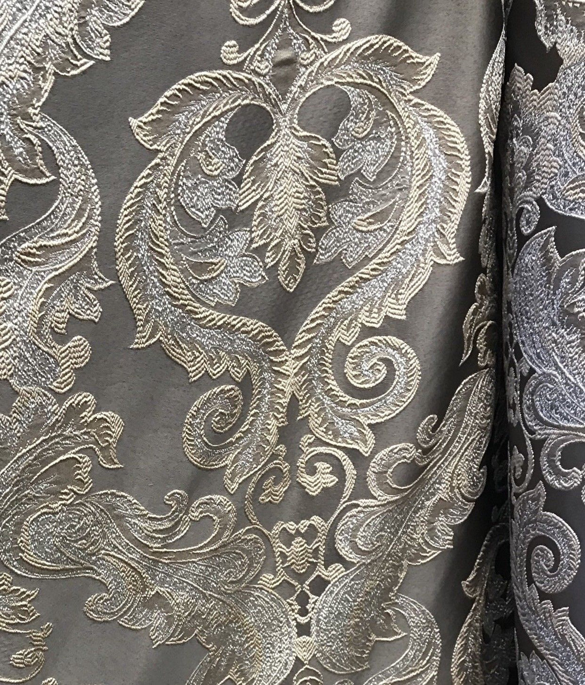 SWATCH 8” x 8” Sample- Designer Brocade Satin Fabric- Gray Silver Gold - Damask - Fancy Styles Fabric Pierre Frey Lee Jofa Brunschwig & Fils