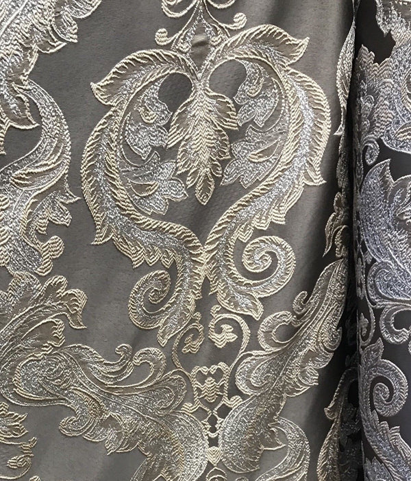 SWATCH 8” x 8” Sample- Designer Brocade Satin Fabric- Gray Silver Gold - Damask - Fancy Styles Fabric Pierre Frey Lee Jofa Brunschwig & Fils