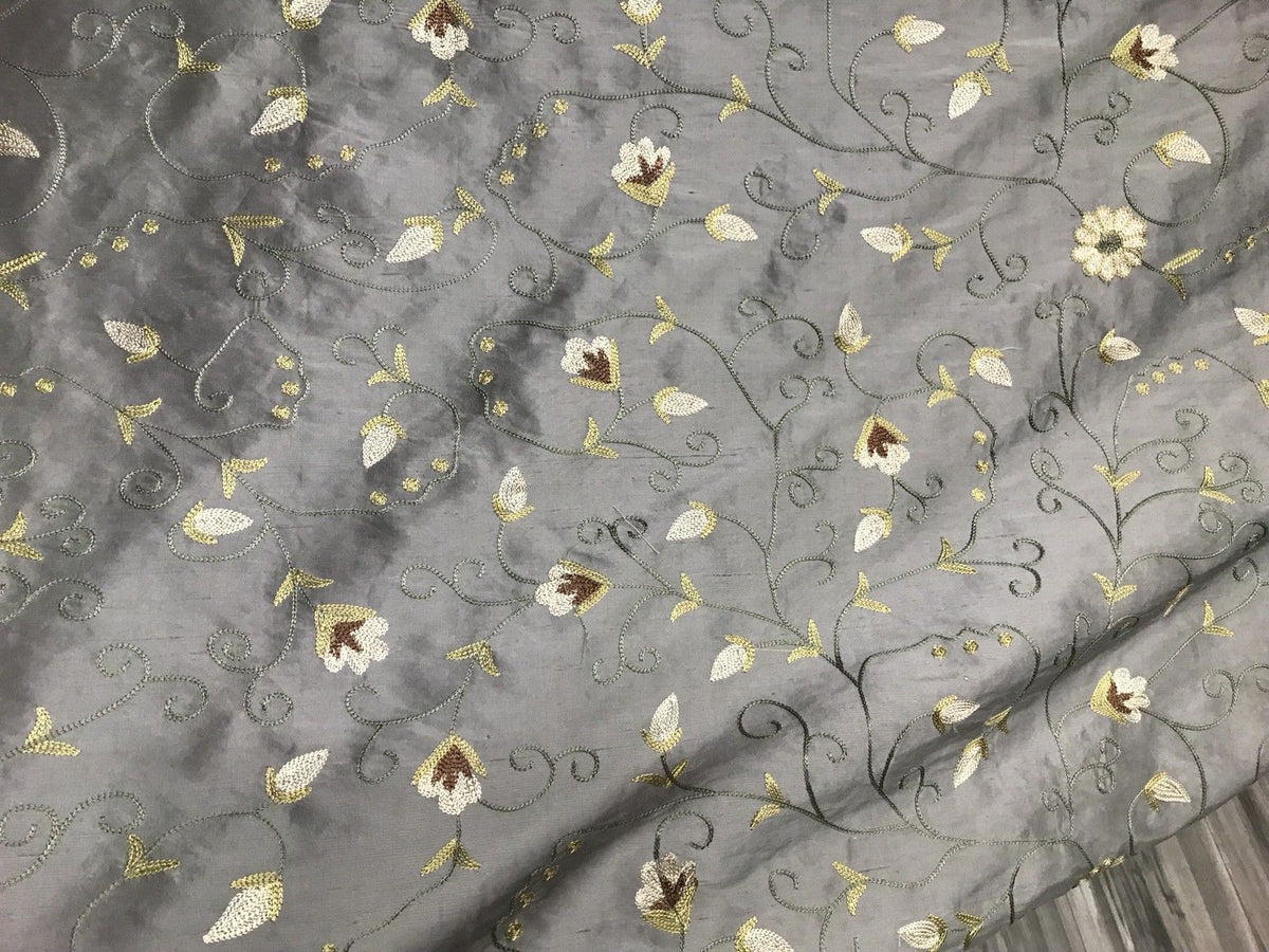 SALE! Designer 100% Silk Taffeta Embroidered Fabric - French Antique Blue - Fancy Styles Fabric Boutique