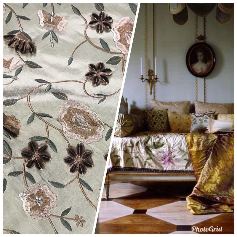 Designer 100% Silk Taffeta & Velvet Flowers Fabric Embroidery- Drapery - Beige - Fancy Styles Fabric Pierre Frey Lee Jofa